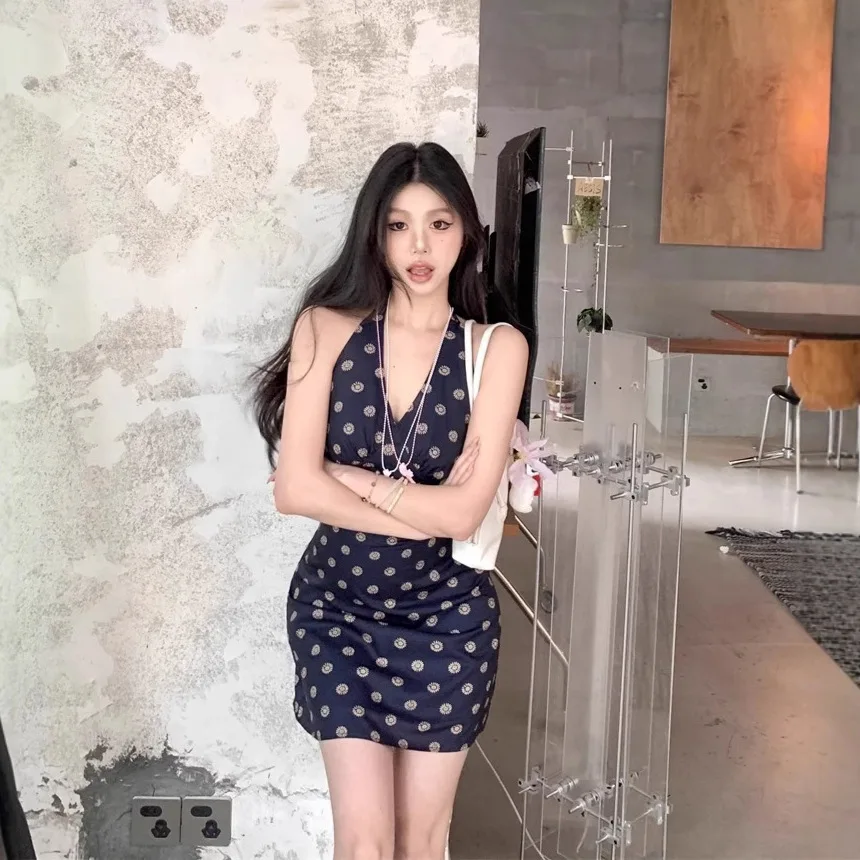 French Elegant Blue V-neck Short Dress Women's Summer New Beach Vacation Style Hanging Neck Skirt High Waist Short Skirt