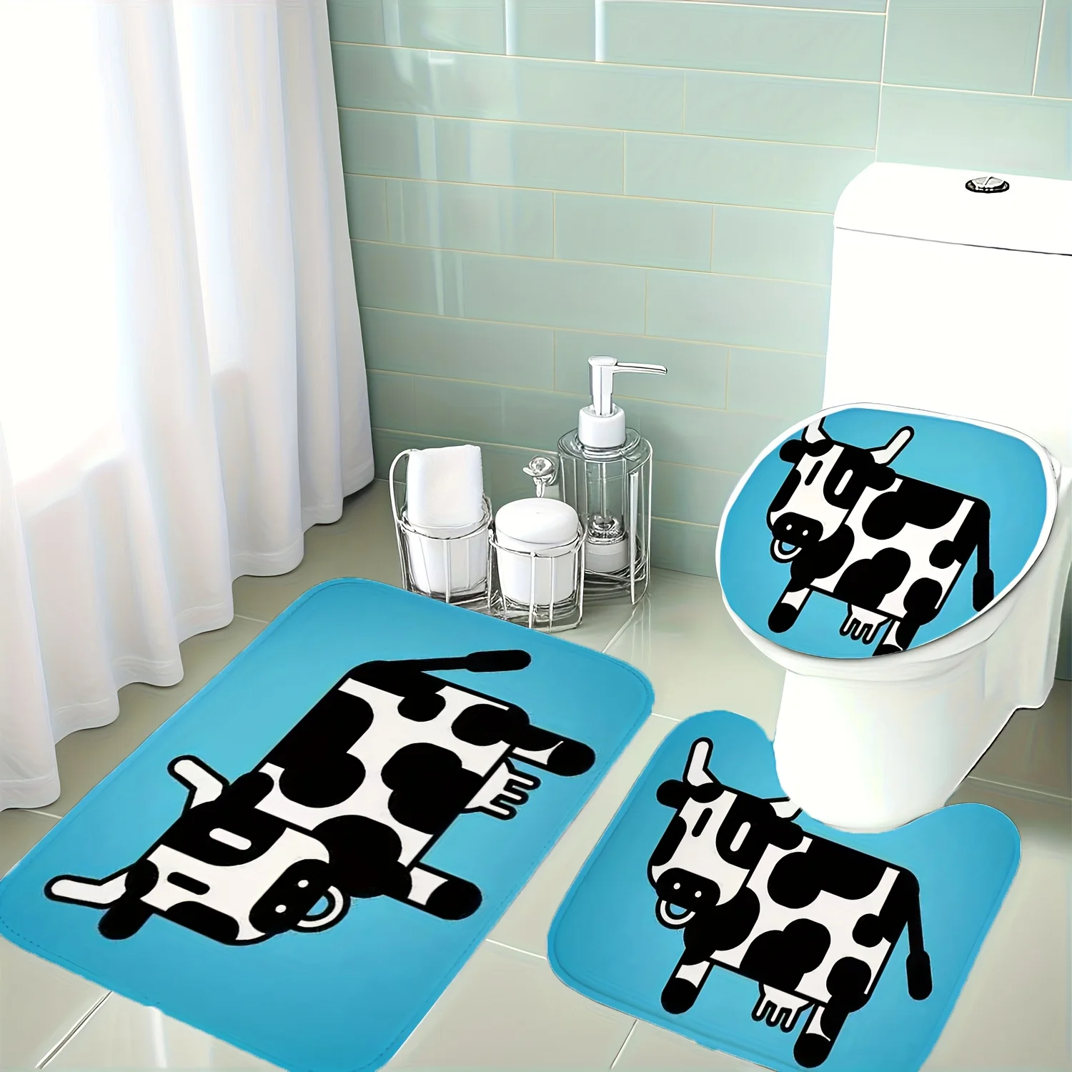 

Cartoon Cow 3pc Bath Set – Black White Spotted Design on Sky Blue, Soft Flannel Toilet Cover, U Mat & Floor Rug, Non-Slip Decor