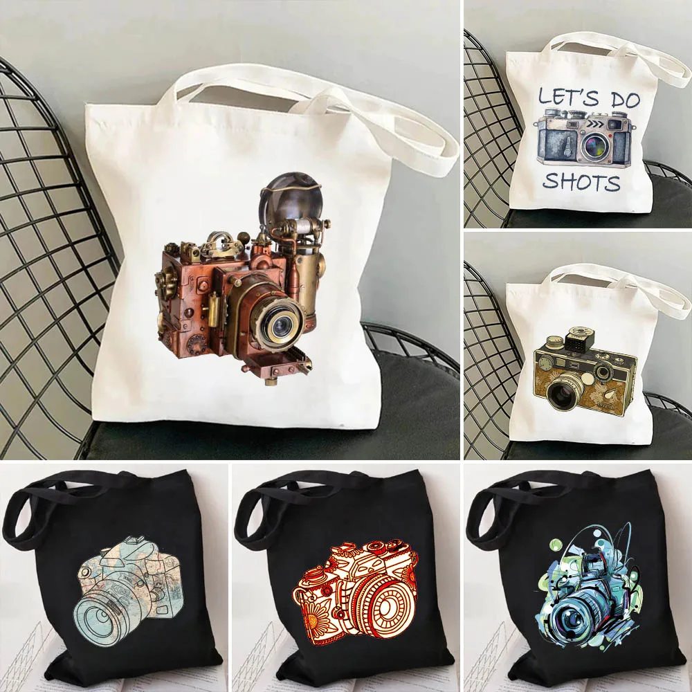 Vintage Watercolor DIGINEED Floral Camera Photographer Photography Flower Women Shoulder Cotton Canvas Tote Bag Shopping Handbag