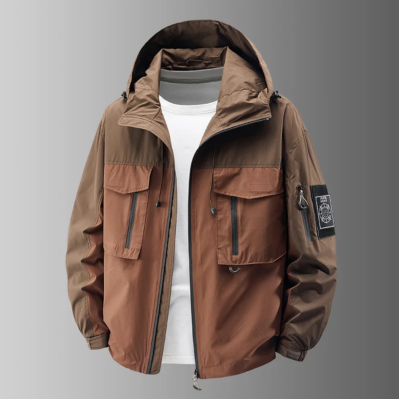 سترة عمل خارجية بقلنسوة للرجال لربيع وصيف جديد لعام 2025 بتصميم فضفاض للرجال