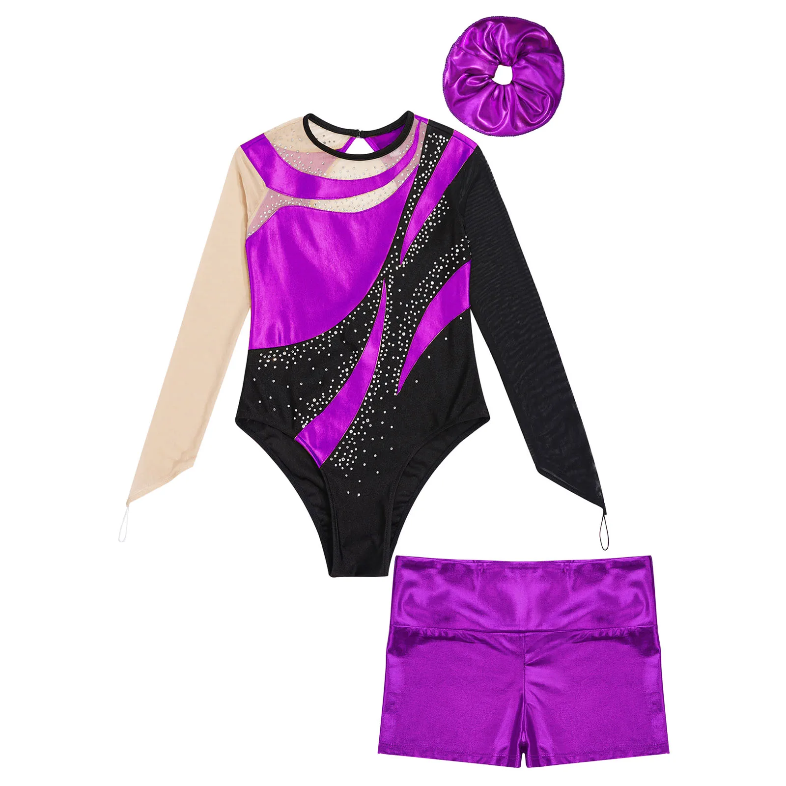 Justaucorps de gymnastique pour filles, costume de patinage artistique, manches longues, maille brillante, costume de batterie avec short métallique, bandeau de cheveux, vêtements de danse