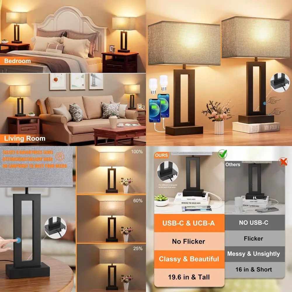 

Набор из 2 современных серых прикроватных светильников с регулируемой яркостью и USB-портами для спален и гостиных