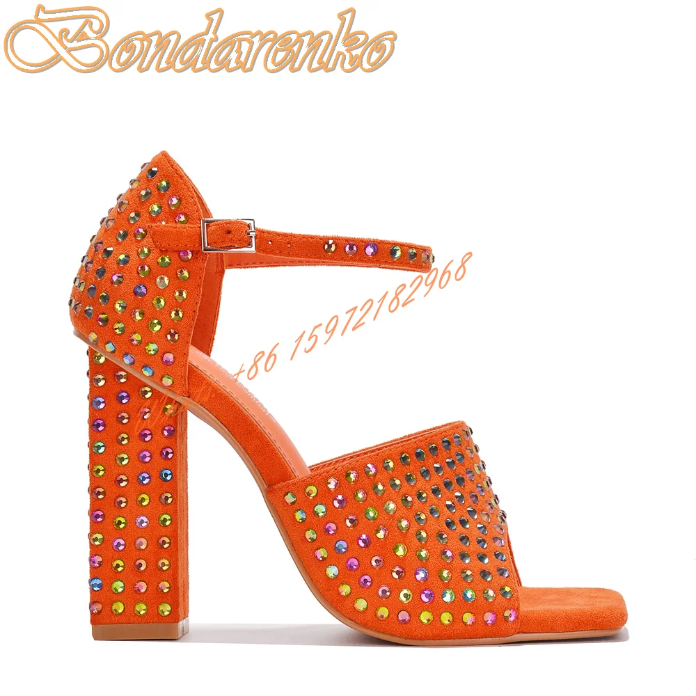 Crystal Square Toe Bling Sandals Chunky High Heels Buckles Straps Stud Sandals Summer Party Women Shoes New Style Fashion Solid