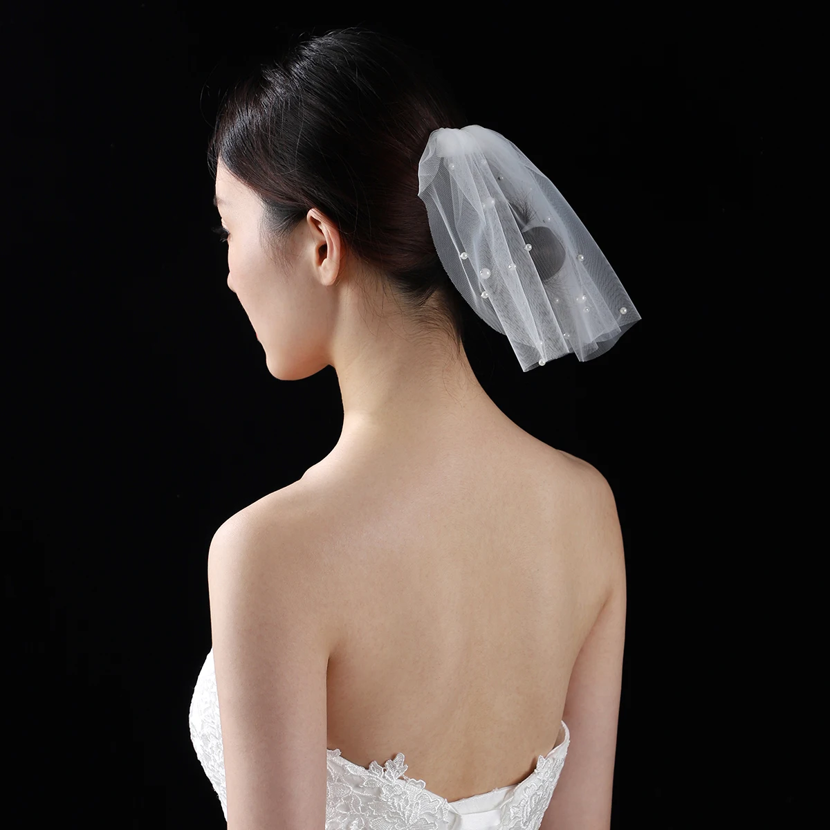 elegant white bridal veil adorned with simulated pearls, suitable for women's wedding shoulder length veils