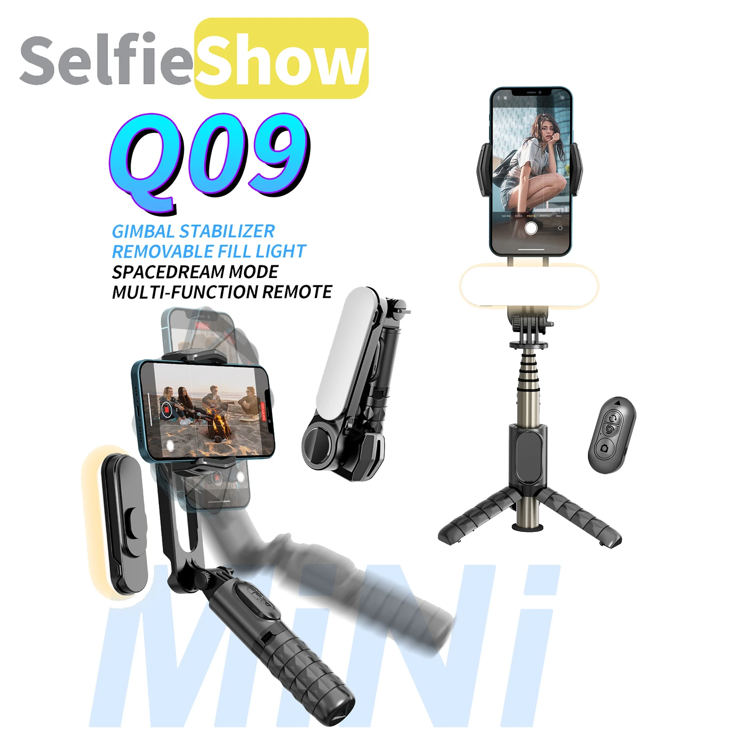 

Selfieshow Q09 Removable Fill Light Gimbal Stabilizer Bluetooth Tripod Selfie Stick Phone Stand Holder for IOS Android Universal