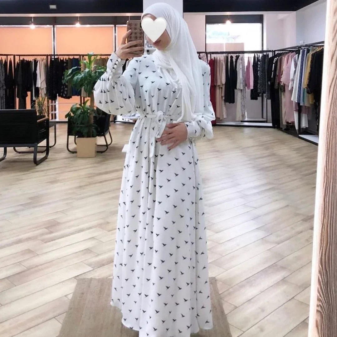 Arabic Hijab Muslim Dress Women Nida Abaya Dubai Bird Print White Summer Maxi Dresses Islamic Clothing Eid Kaftan Robe Musulmans