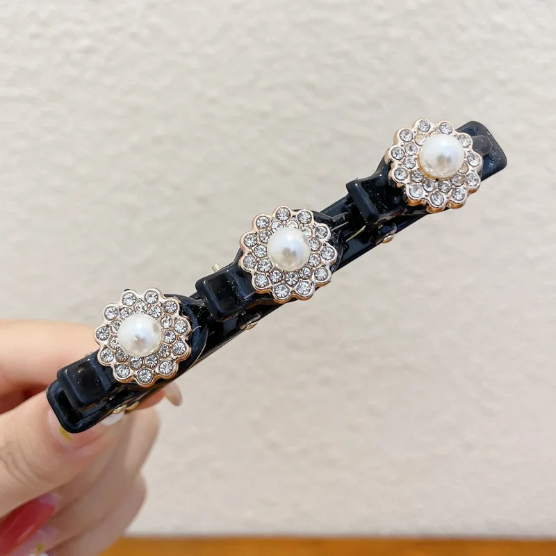 Sparkling Crystal Stone Braided Hair Clips Double Bangs Hair Clips Duckbill Clips with 3 Mini Hair Clips Woman Hair Style Tools