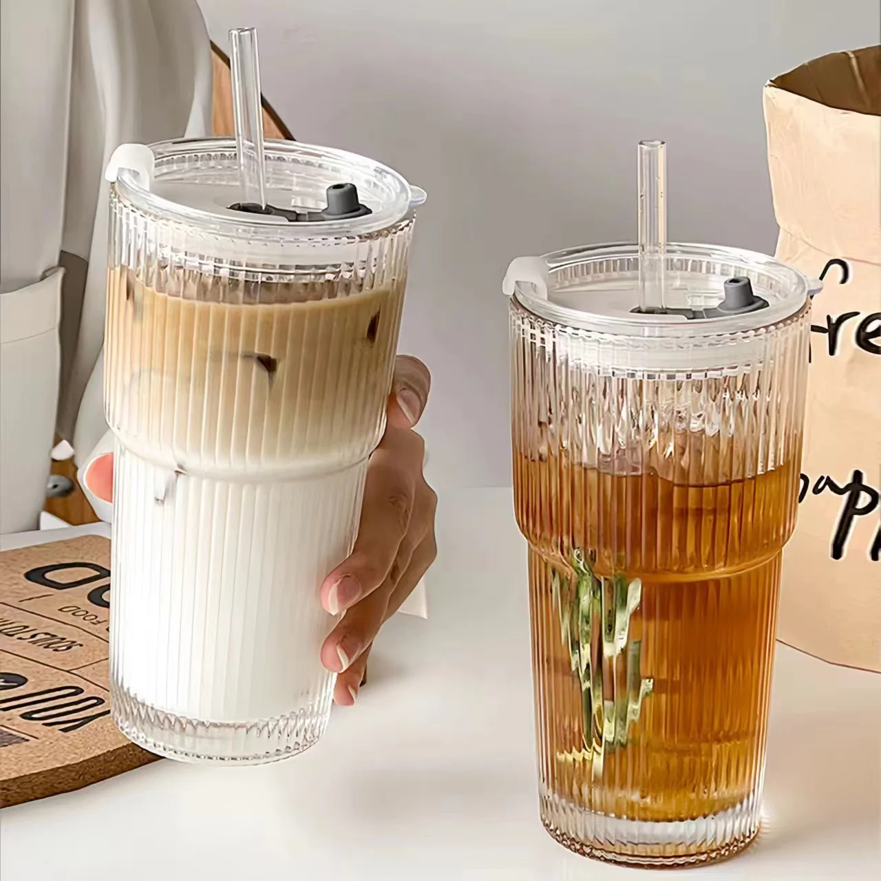 450ml/600ml Stripe Coffee Glass Cup Transparent Glass Cup With Lid and Straw Iced Coffee Mug Juice Milk Tea Water Cup Drinkware