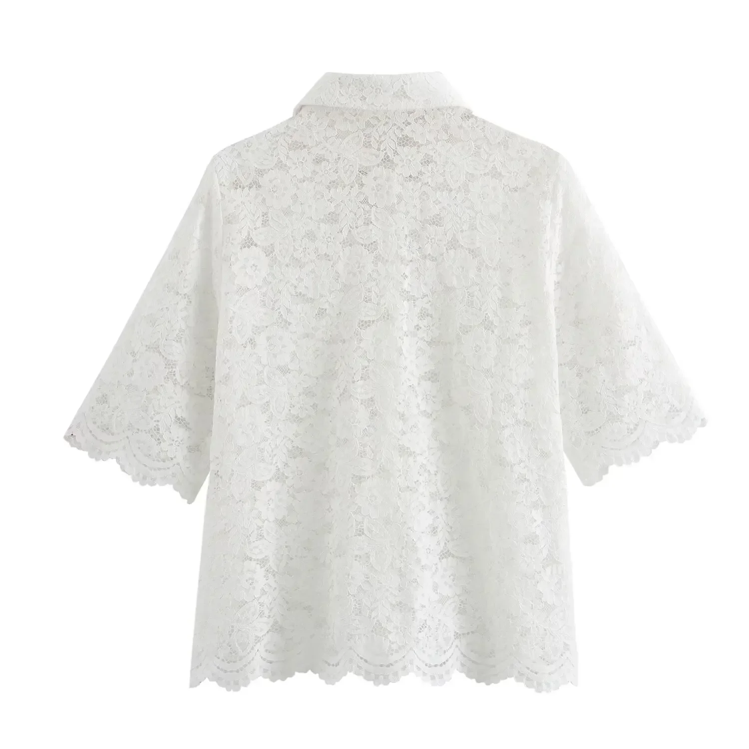 Women's 2024 New Fashion Pearl Button Decoration Casual Short Lace Women's Shirt Retro Short Sleeve Women's Shirt Unique Top