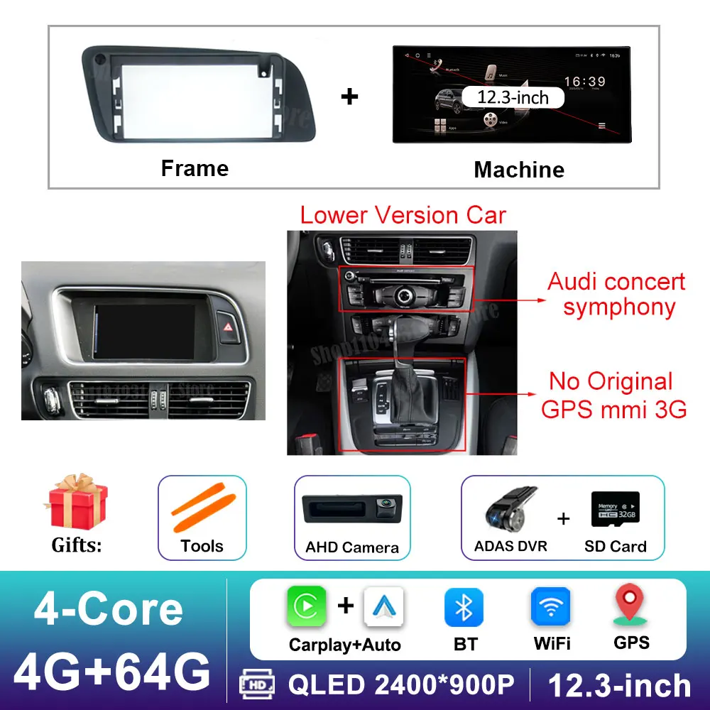 12,3 inch GPS Navigatie Draadloze Carplay Android 16 voor Audi Q5 2009 - 2017 BT Auto Multimedia Video Radiospeler 4G Auto Gereedschap