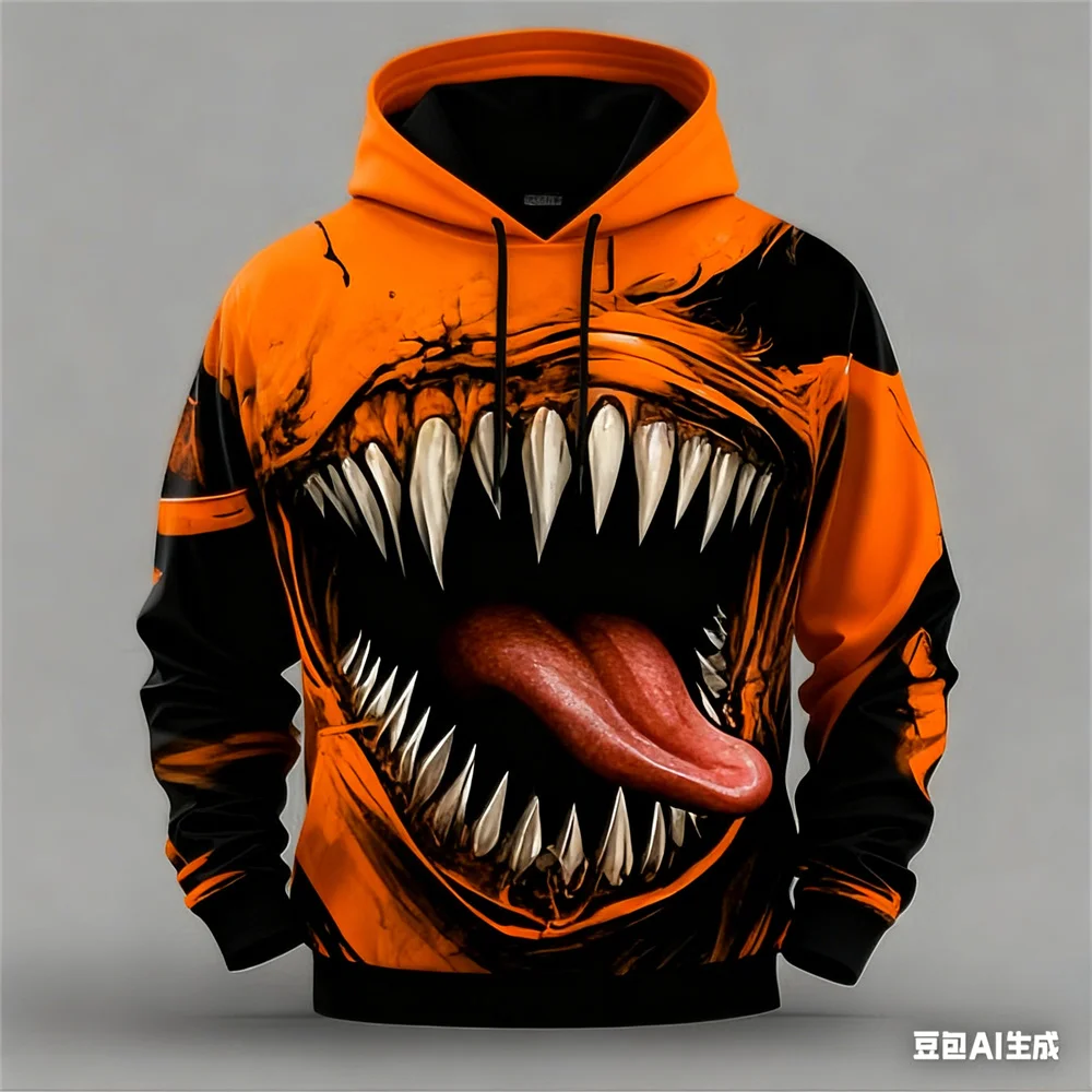 3D Print Horror Beast Graphic Men's Hoodies Fashion Cool Long Sleeve Hooded Sweatshirt Loose Creative Personality Design Clothes