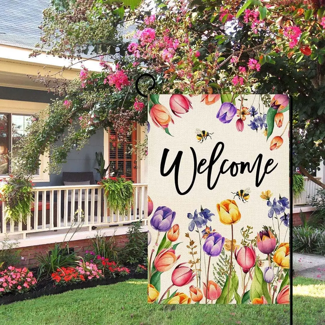 Baccessor Spring Summer Easter Tulip Welcome Garden Flag Double Sided Bee Colorful Floral Small Burlap Yard House Seasonal F SSL