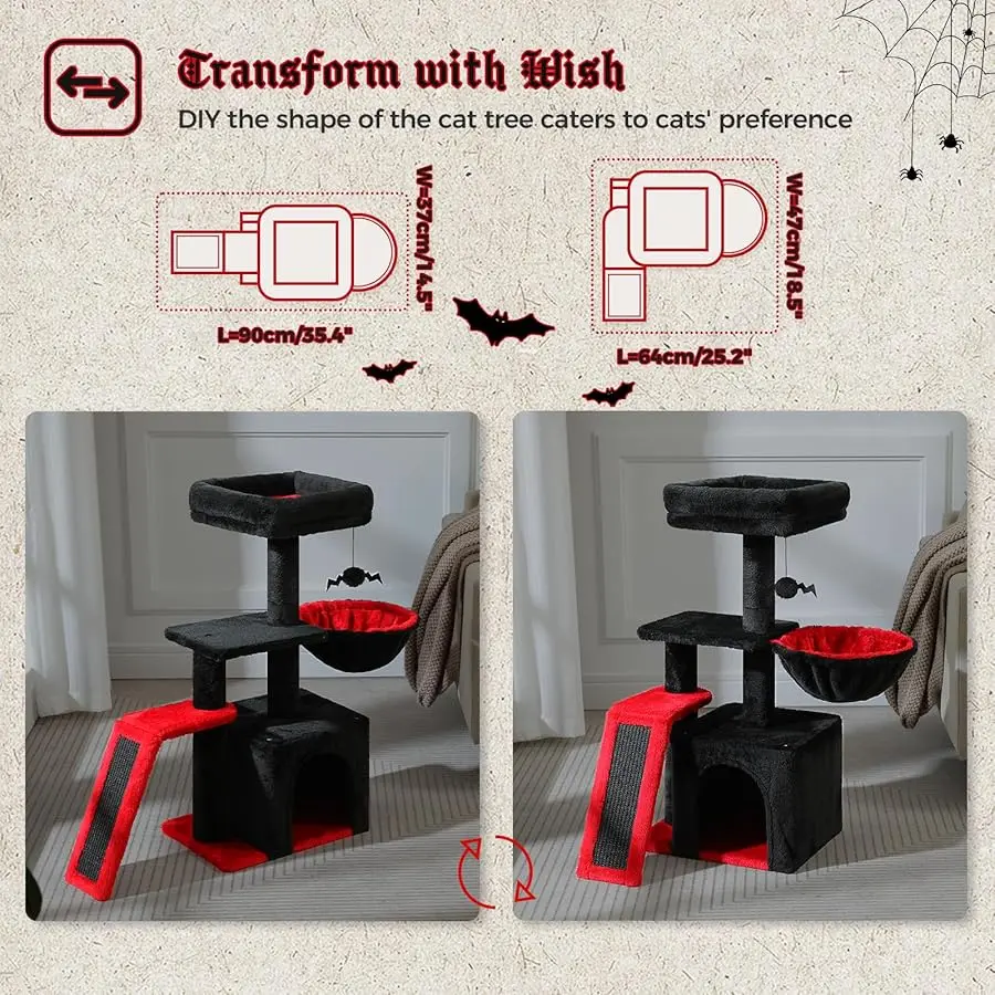 برج شجرة القطط القوطية من PETEPELA للقطط الداخلية، شقة برج القطط الصغيرة مقاس 31.5 بوصة مع منحدر خدش من السيزال، أرجوحة مريحة وإزالة #2