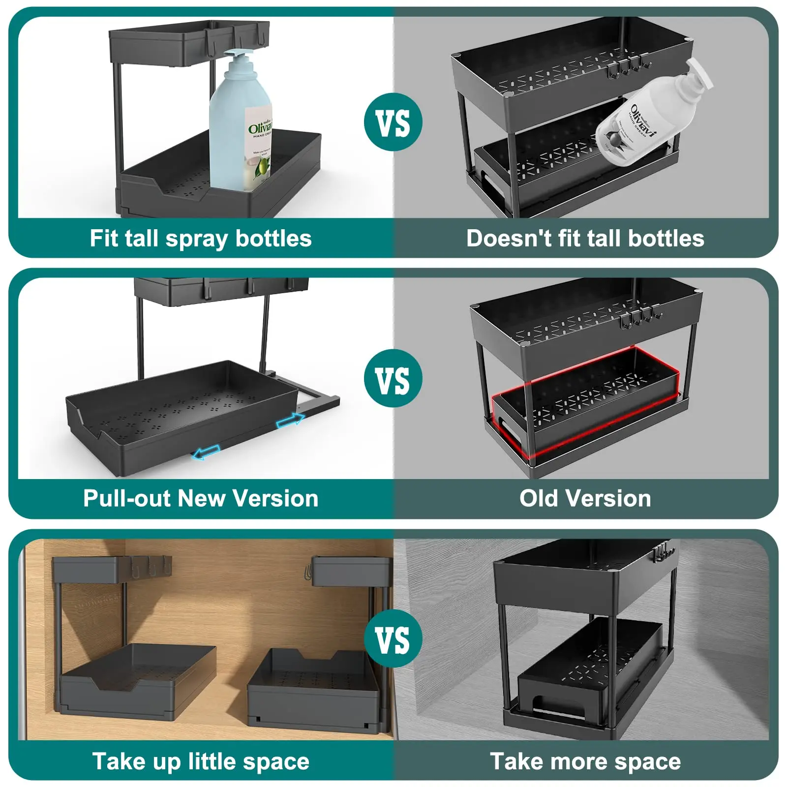 2-Tier Under Sink Organizers and Storage, Sliding L-shape Under Bathroom Kitchen Cabinet Organizers Narrow Space Sink Organizer