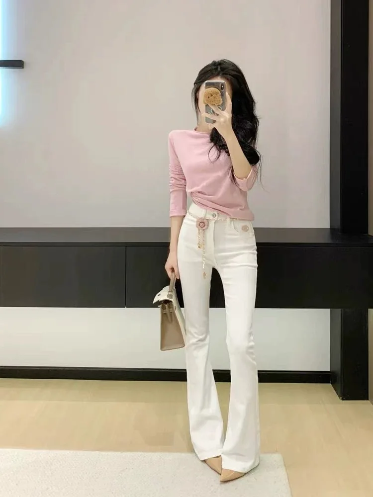 Y2K الجينز الأبيض النساء عالية الخصر سليم صالح مستقيم الساق طفيف مضيئة أزياء الخريف القصيرة #3