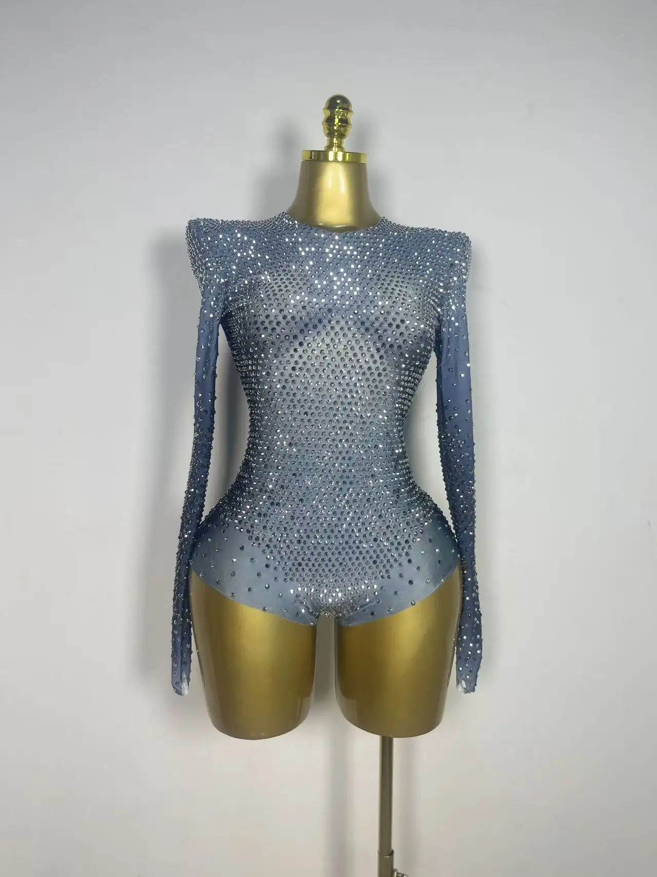 Women Evening Luxury Birthday Party Sexy Nightclub Stage Costume Sparkle Silver Rhinestones Long Sleeve Stretch Bodysuits