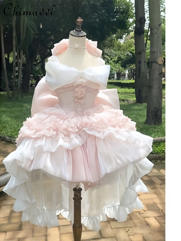 Elegant Princess Lolita Dress French Sweet and Cute Pink Strapless Dress Women Summer Retro Three-Dimensional Flower Mini Dress