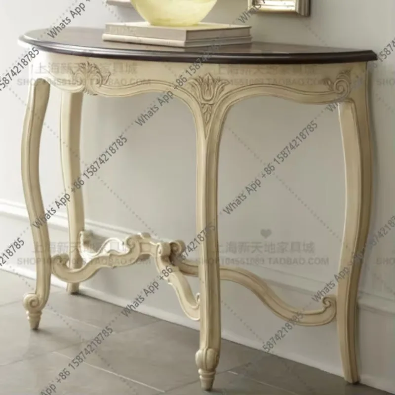 X American Country Solid Wood Entrance Table French Ivory White Old Sofa Back Few Carved Semi-round Table Entrance Entrance Tabl