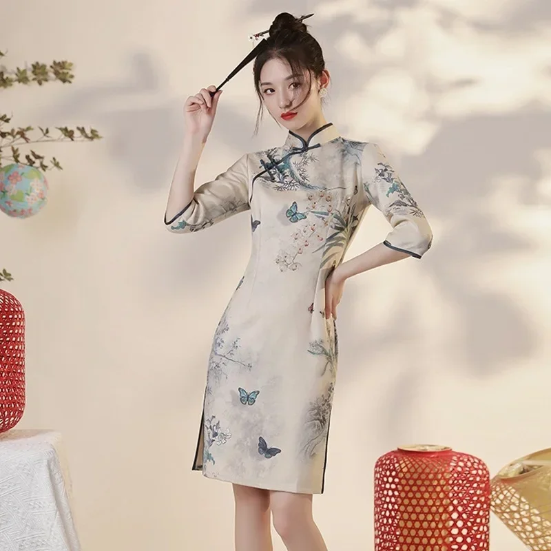 2024 Cheongsam Chinese Dress Vintage Floral Print Women Traditional Qipao Long Robe Short Sleeve Party Dresses MN12