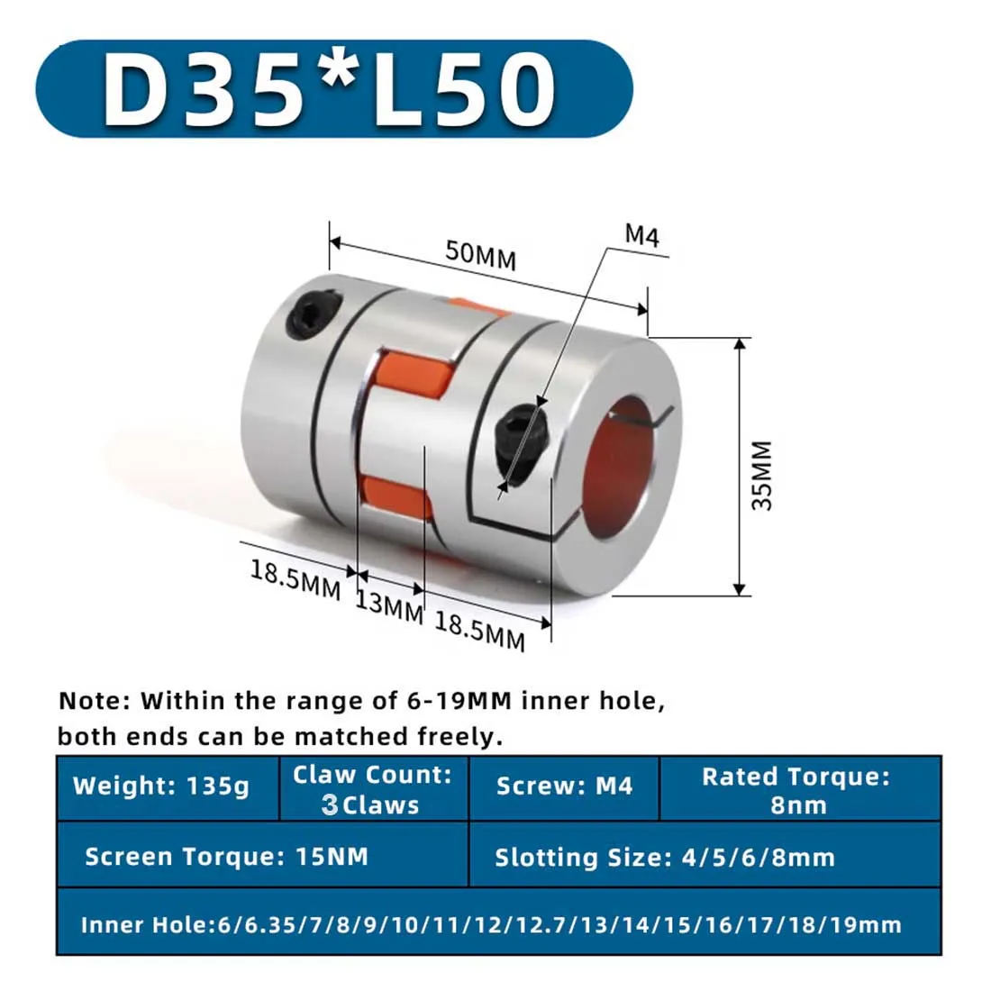 D35L50 Spider Flexible Motor Coupler Aluminium Flexible Jaw Coupling 6mm 6.35mm 7mm 10mm~19mm Elastic Coupling CNC Shaft Coupler