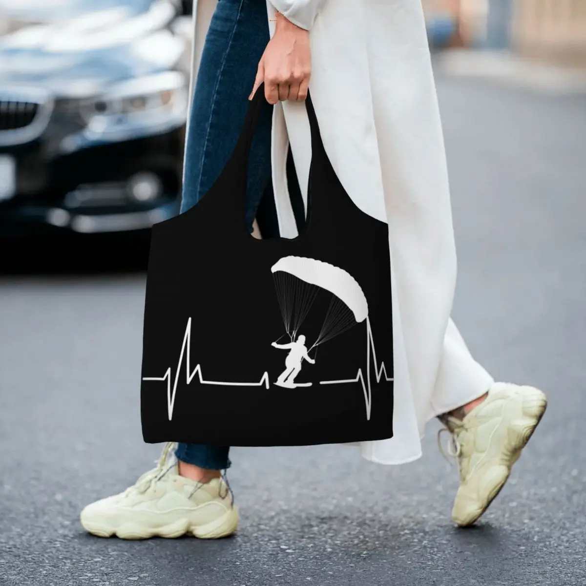 Cute Speedgliding Heartbeat Paragliding Ski Shopping Tote Bags Paramotor Parachute Grocery Canvas Shoulder Shopper Bags Handbags