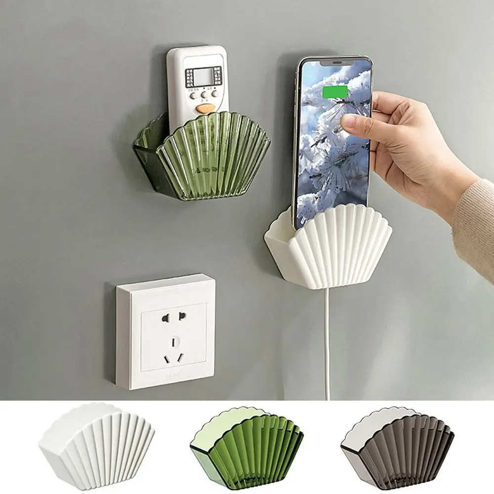 

Plastic Shell Shaped Storage Box White Wall Mounted Remote Control Holder Self Adhesive Punch Free Cell Phone Charger Holder