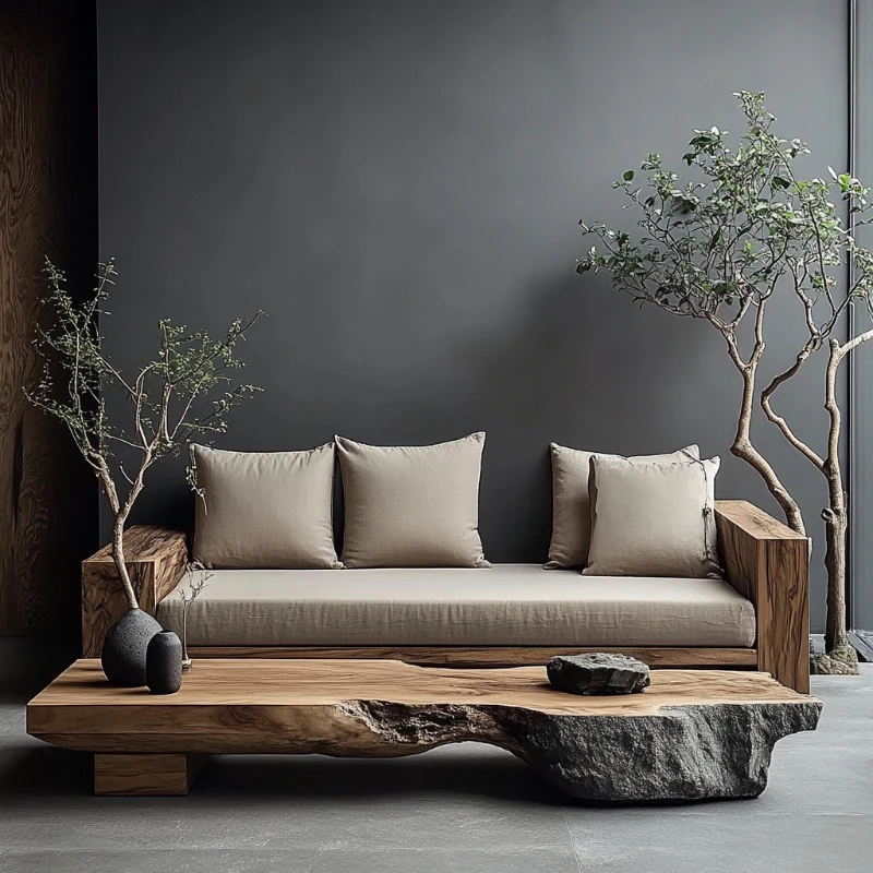 سجل الرياح الخشب الصلب وابي سا أريكة جمالية غرفة المعيشة B & B أثاث سجل الفندق أرضية صف مستقيم أريكة متعددة الأشخاص