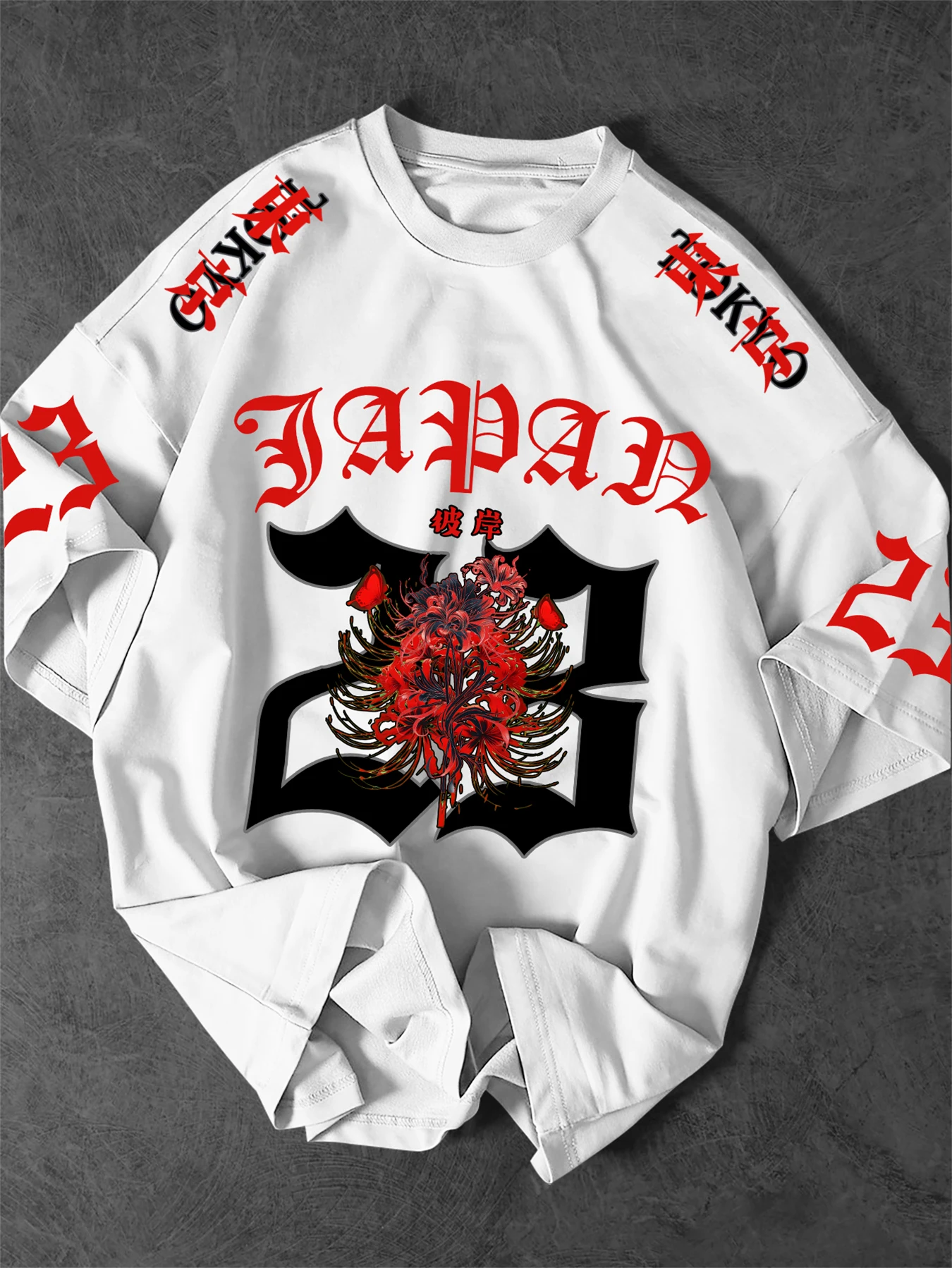 Men's Oversized Japan 23 Print T-Shirt Red Spider Lily Higanbana Graphic Short Sleeve Tee Gothic Streetwear Tops