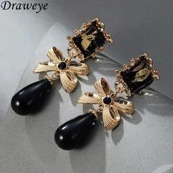 Draweye Black Clip Earrings for Women Bow Medieval Style Elegant Sweet Jewelry Korean Fashion Hyperbole Pendientes Mujer