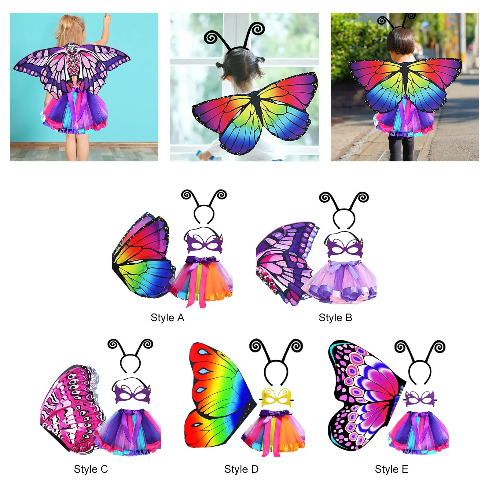 4x Girls Fairy Costume Set Rainbow Tutu Butterfly Wing for Halloween Birthday Photo Prop