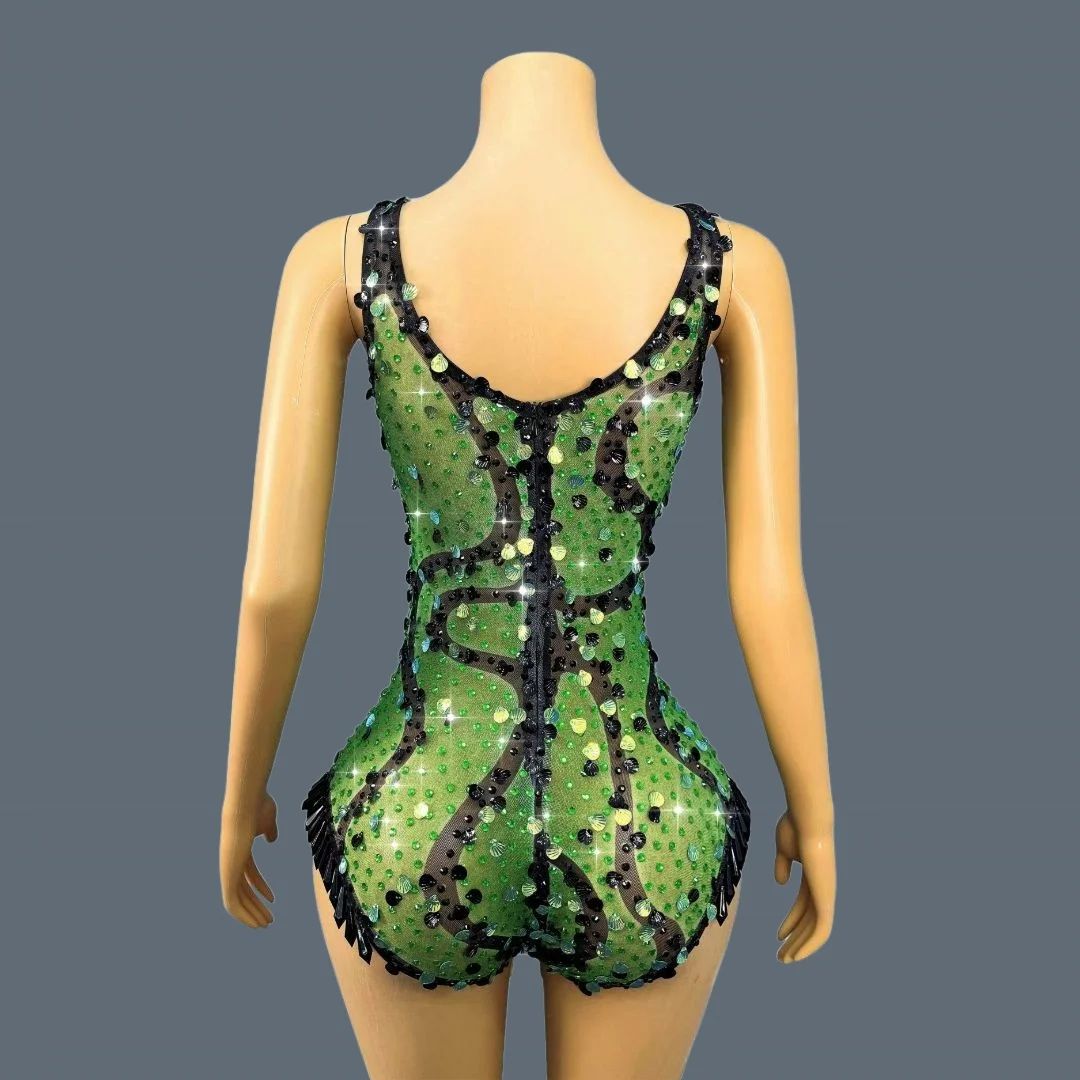 Green Shell Black Crystals Brilliant Bodysuit Event Dance Stage Show High Cut Thong One Piece Design Sleeveless Onesie Lvleishe