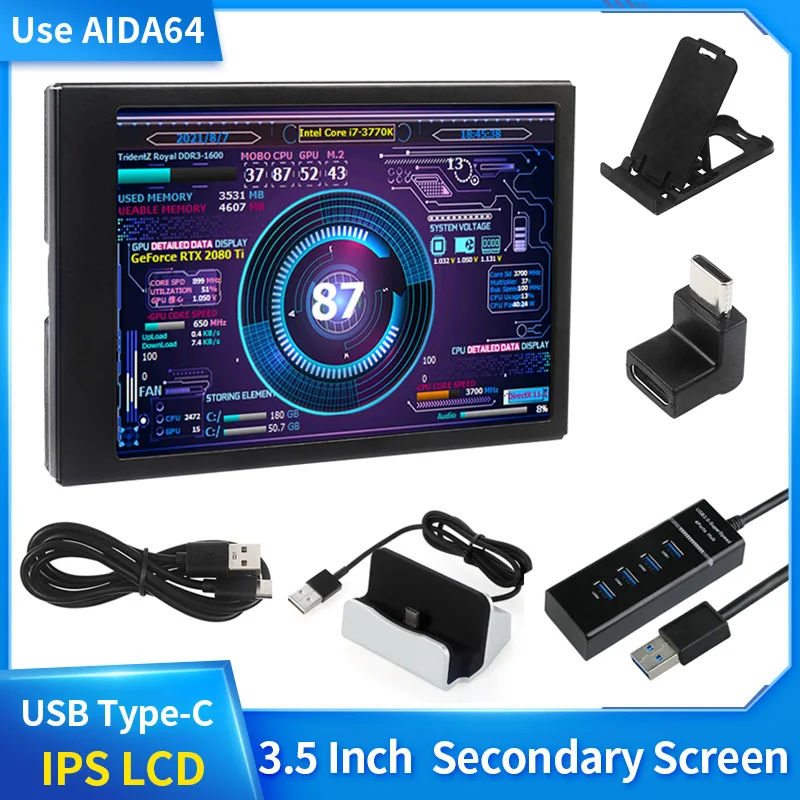 3.5 Inch Type-C Secondary Screen AIDA64 LCD Display CPU GPU RAM Monitoring Optional USB-C Base Sub-Screen for Mini ITX Case