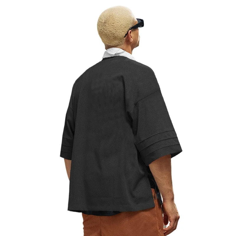 

Oversized Dropped ShoulderT-shirt Mens Hip Hop V-neck Half Sleeve Fitness T Shirt Mesh Loose Gym Clothing Basketball Sport Tops