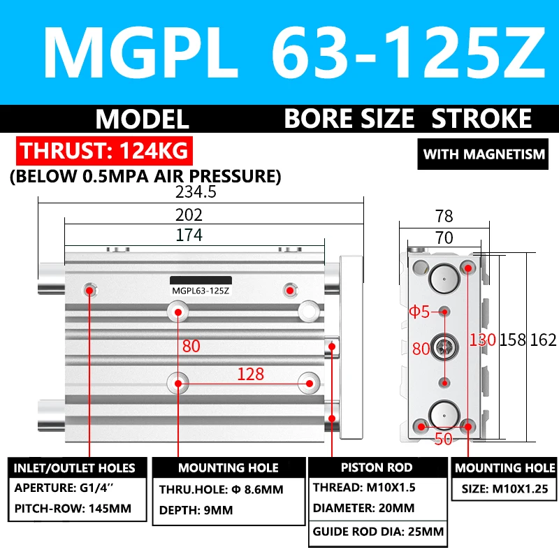 ABILKEEN MGPL Three Axis Pneumatic Compact Guide Cylinder MGPL63-125Z 63MM Bore X 125MM Stroke Three Axis Three Rod Air Cylinder