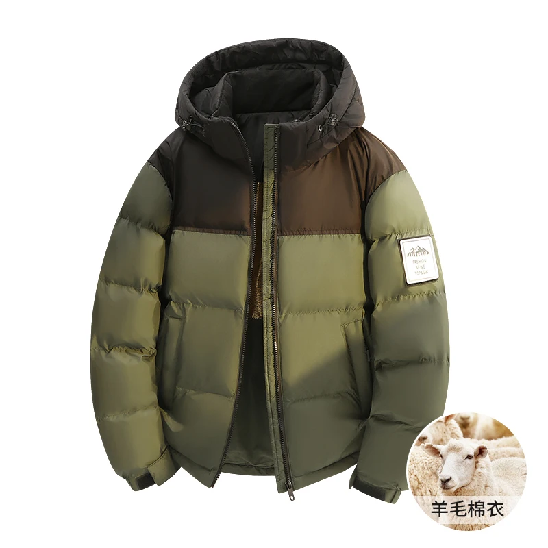 Men Women Color Block Hooded Puffer Jacket Autumn Winter Thermal Wool Lining Cotton Coat Loose Zipper Warm Couple Streetwear