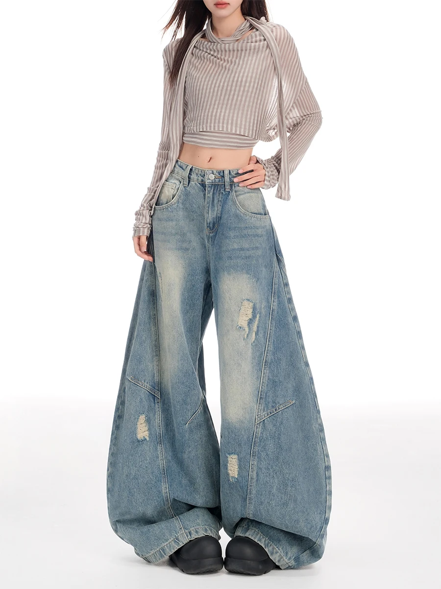 

American Style Retro Knife Hole Denim Jeans Women's Low Waist Slim Loose Drapey Wide Leg Pants Casual Wear