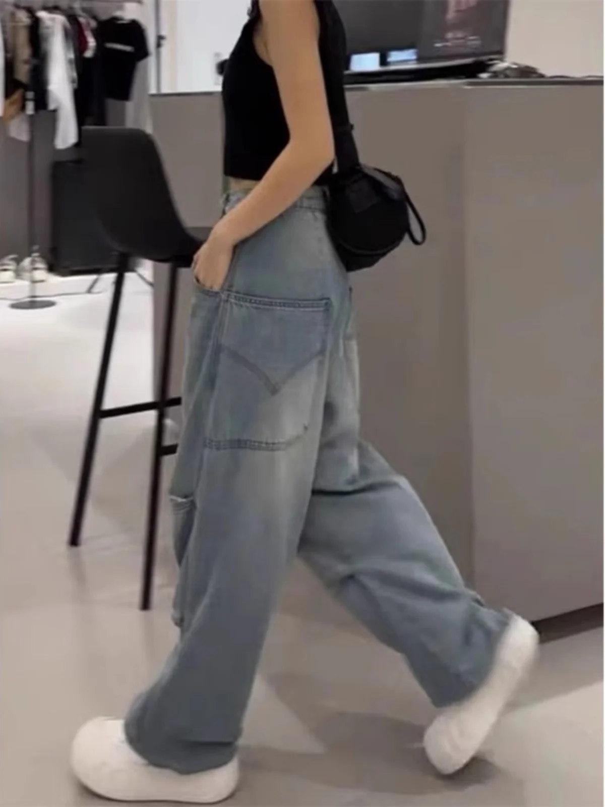 Cintura alta perna larga jeans feminino solto ajuste americano sle retro azul jeans outono novo plus size emagrecimento calças de corte reto