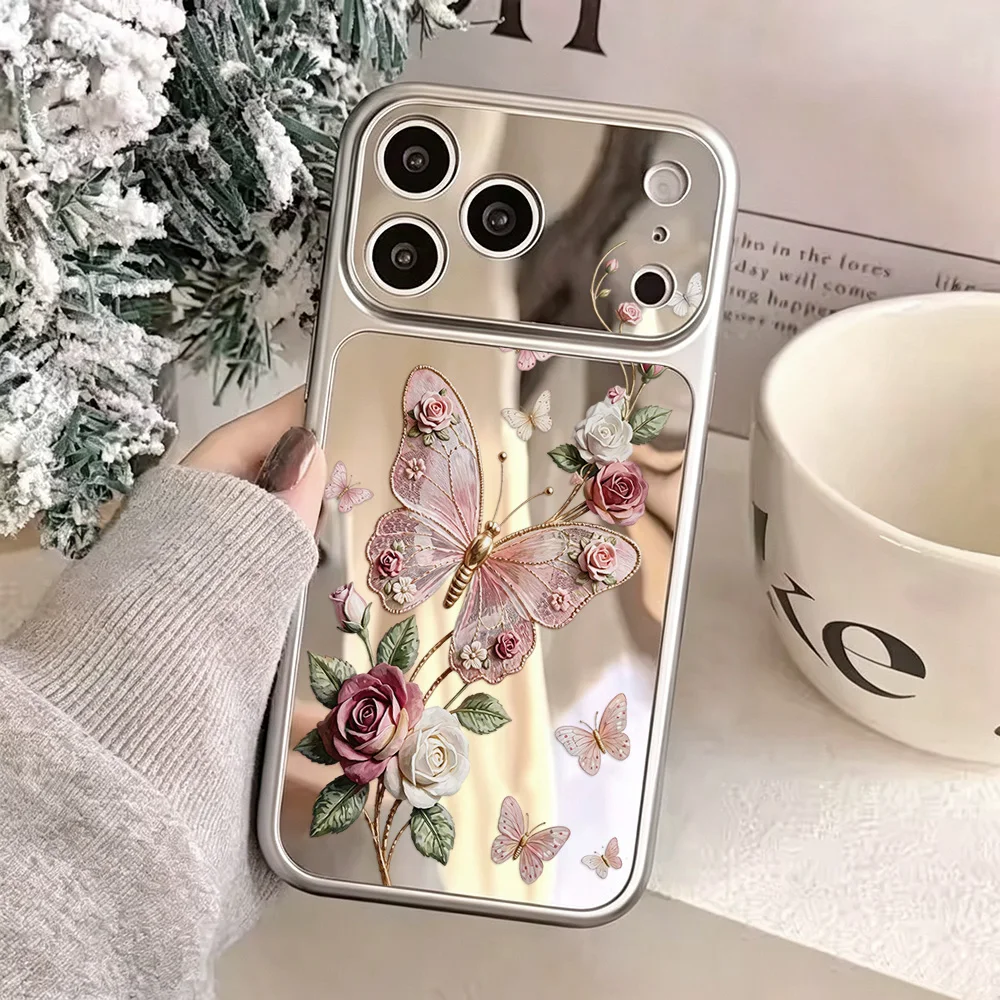 Fresh Butterfly Flower Mirror Phone Case For iPhone 18 Pro Max Cases iPhone 17 15 16 13 14 Pro Max 11 12 Shockproof Cover Funda