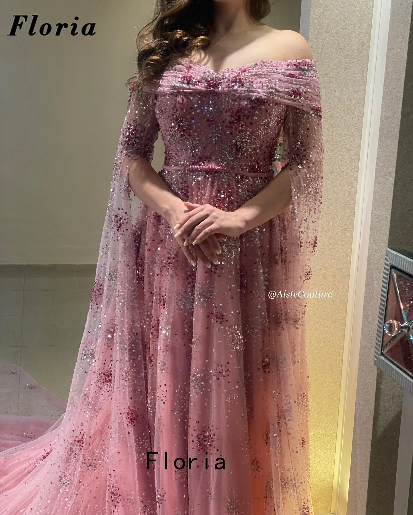 Saudi Arabia Pink Long Evening Dresses Custom Made Beading Flowers Women Cocktail Prom Dress Formal Dubai Wedding Party Gowns