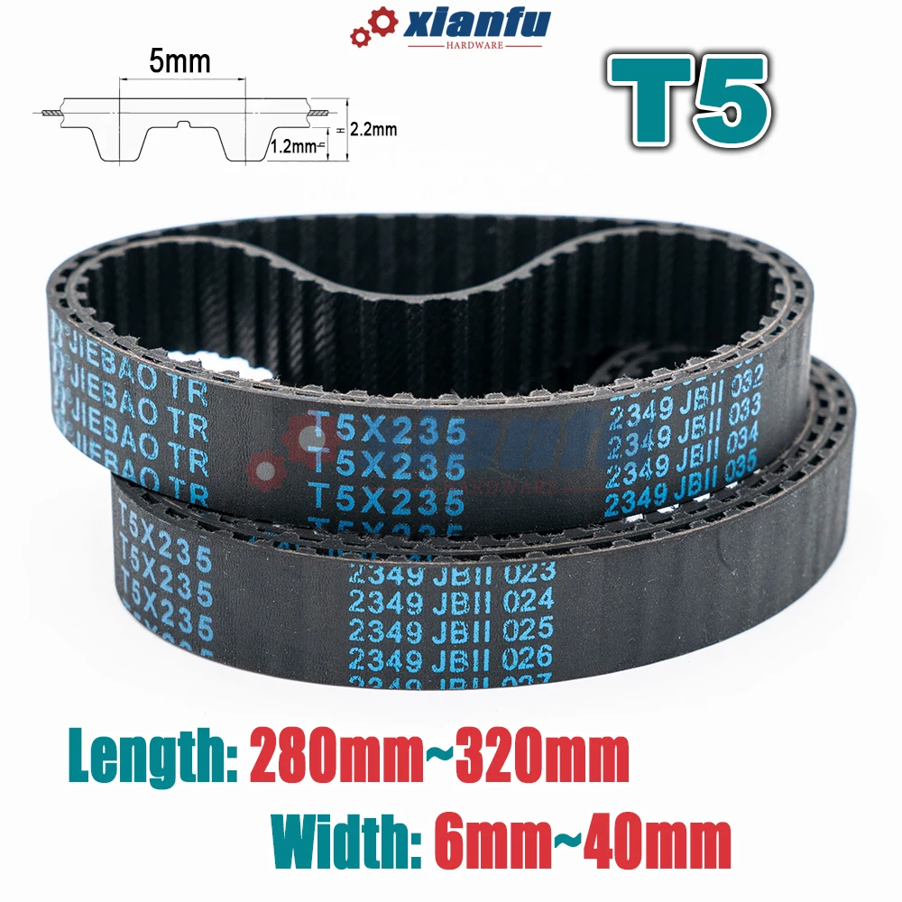 T5 Type Rubber Timing Belt Closed Loop Perimeter 280 285 290 295 300 305 310 315 320mm Transmission Width 6~40mm CNC Drive Belt