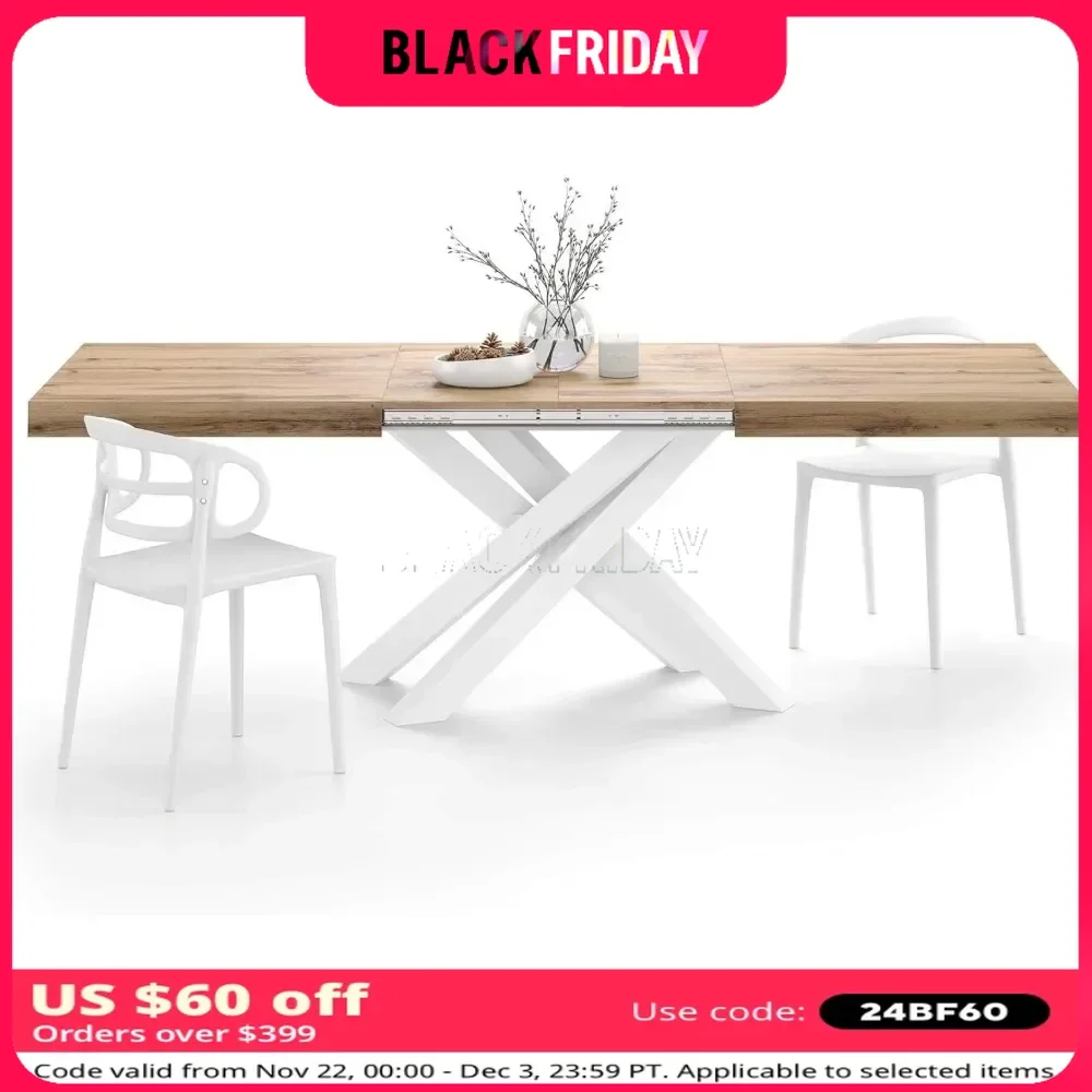 Rustic Oak with White Crossed Legs for 6-10 People for Kitchen & Living Room Expandable Dining Table