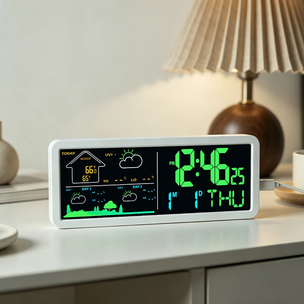 Wall or Desk Electronic Clock with Full-Screen 3-Day Weather Forecast Temperature Readings Time Date and Day of Week Display