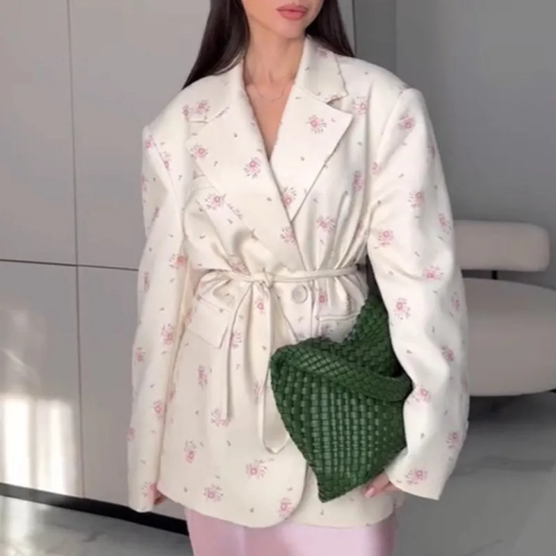 

2025 Autumn New Arrival Women's Street-Style Floral Print Blazer Waist-Tie Design for Adjustable Fit Casual & Trendy Outerwear
