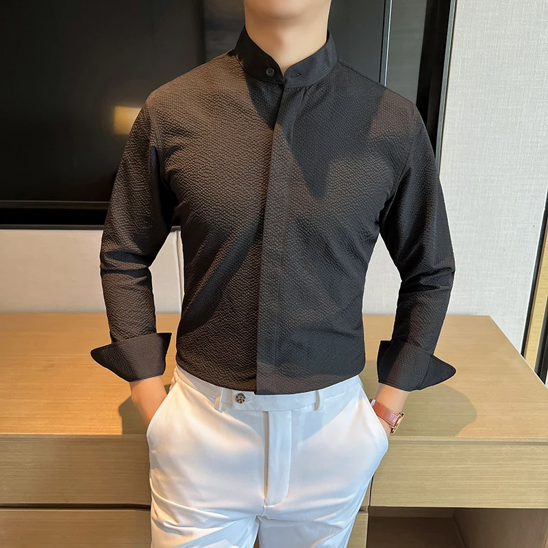 Chinesischen Stil Stehkragen Langarm-shirt Männer Sommer Atmungsaktive Schaum Gaze Casual Business Kleid Shirts Sozialen Büro Tops