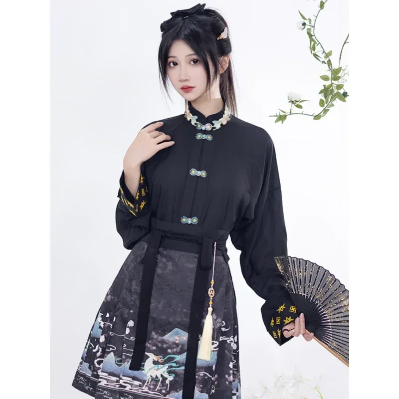 Improved Ming Dynasty Hanfu Long Sleeved Top Deer Printed Mini Horse Face Skirt Female Chinese Style Jk Suit Modern Hanfu Dress