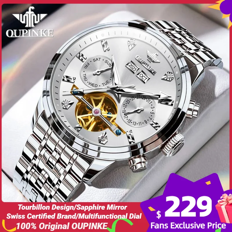 

OUPINKE Automatic Watch for Men Tourbillon Design Sapphire Mirror Luxury Brand Original Men's Wristwatches Waterpoof Watch 2023