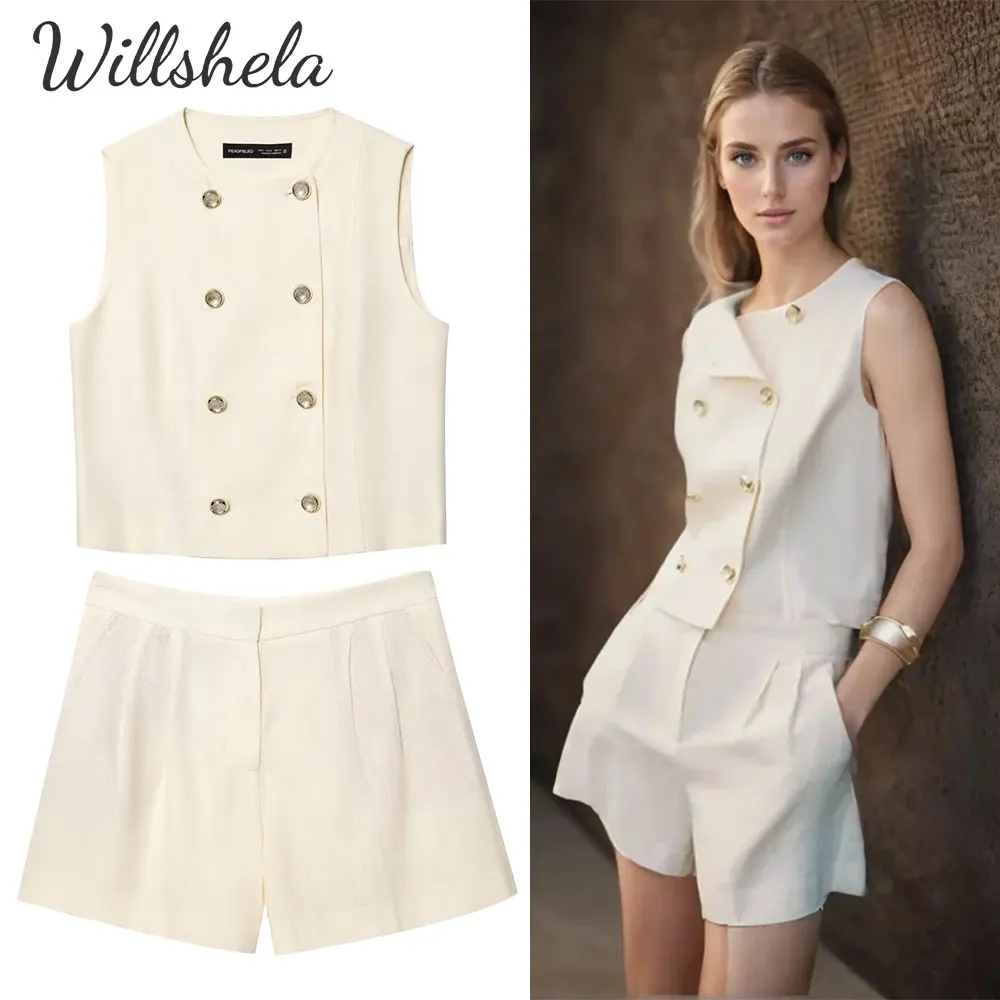 

Willshela Женская мода Комплекты из 2 предметов Хлопково-льняной двубортный жилет и шорты Женский шикарный женский жилет и шорты Костюмы