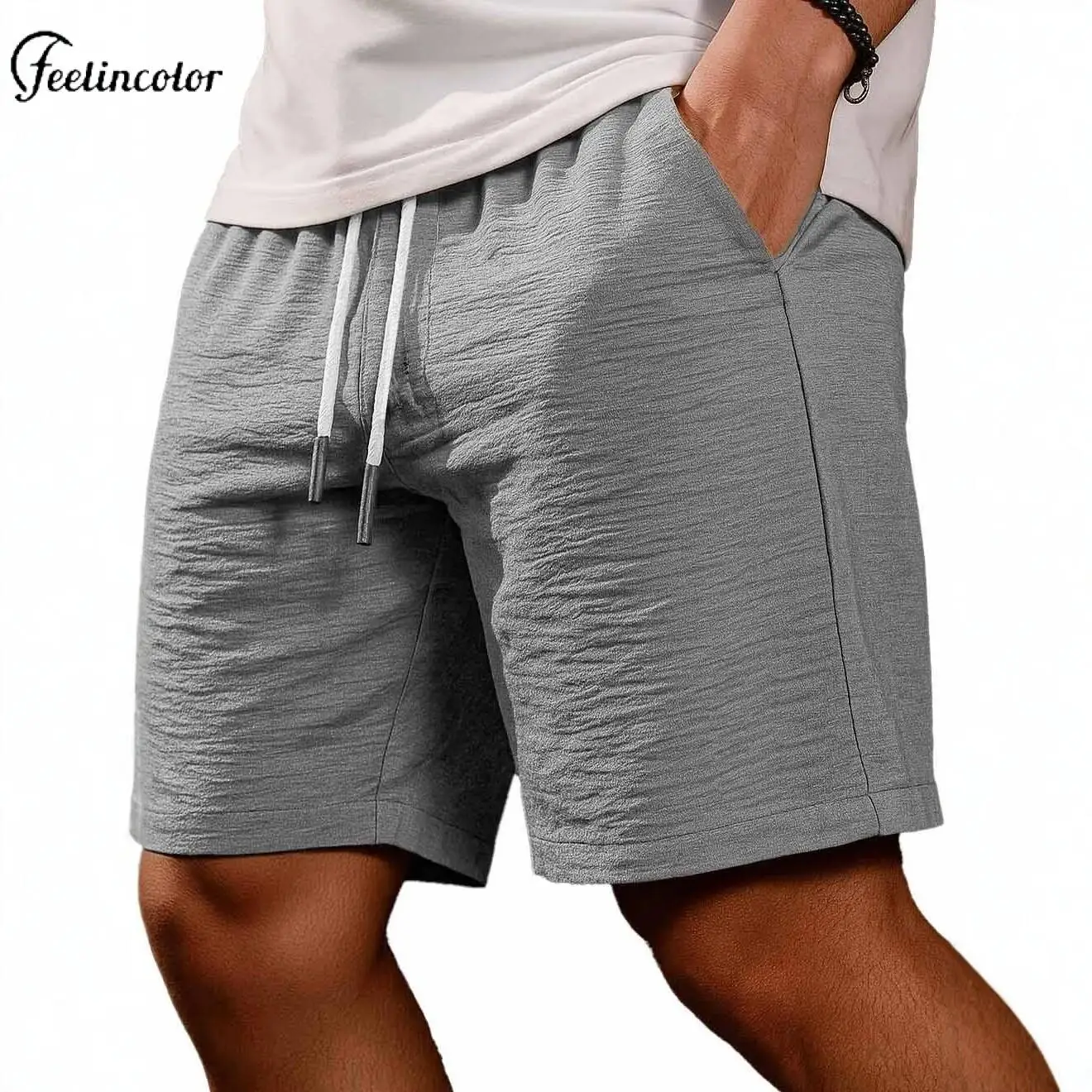 

Men's Grey Drawstring Shorts Summer Loose Cropped Pants Fashion Casual Pocket Trousers Running Sports Bottoms Daily Male Clothes