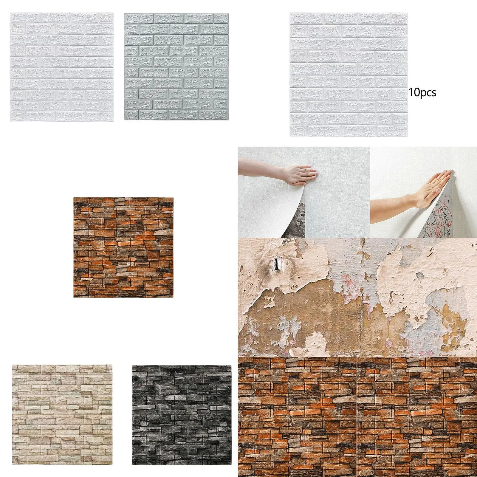 

10 3D-стенных панелей, 3D-кирпичная пенопластовая настенная плитка, самоклеящаяся, легко снимается и