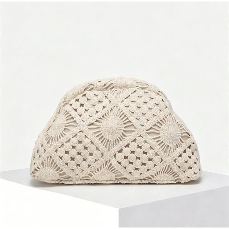 Vintage Häkel-Clutch, Retro-Handtasche für Damen, Sommer Boho Nieten-Dekor, gerüschte Handtasche mit wolkenförmigem Verschluss – Detail 11